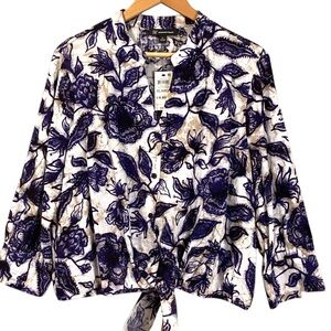 INC International Concepts White and Navy Floral Tie-Front Blouse